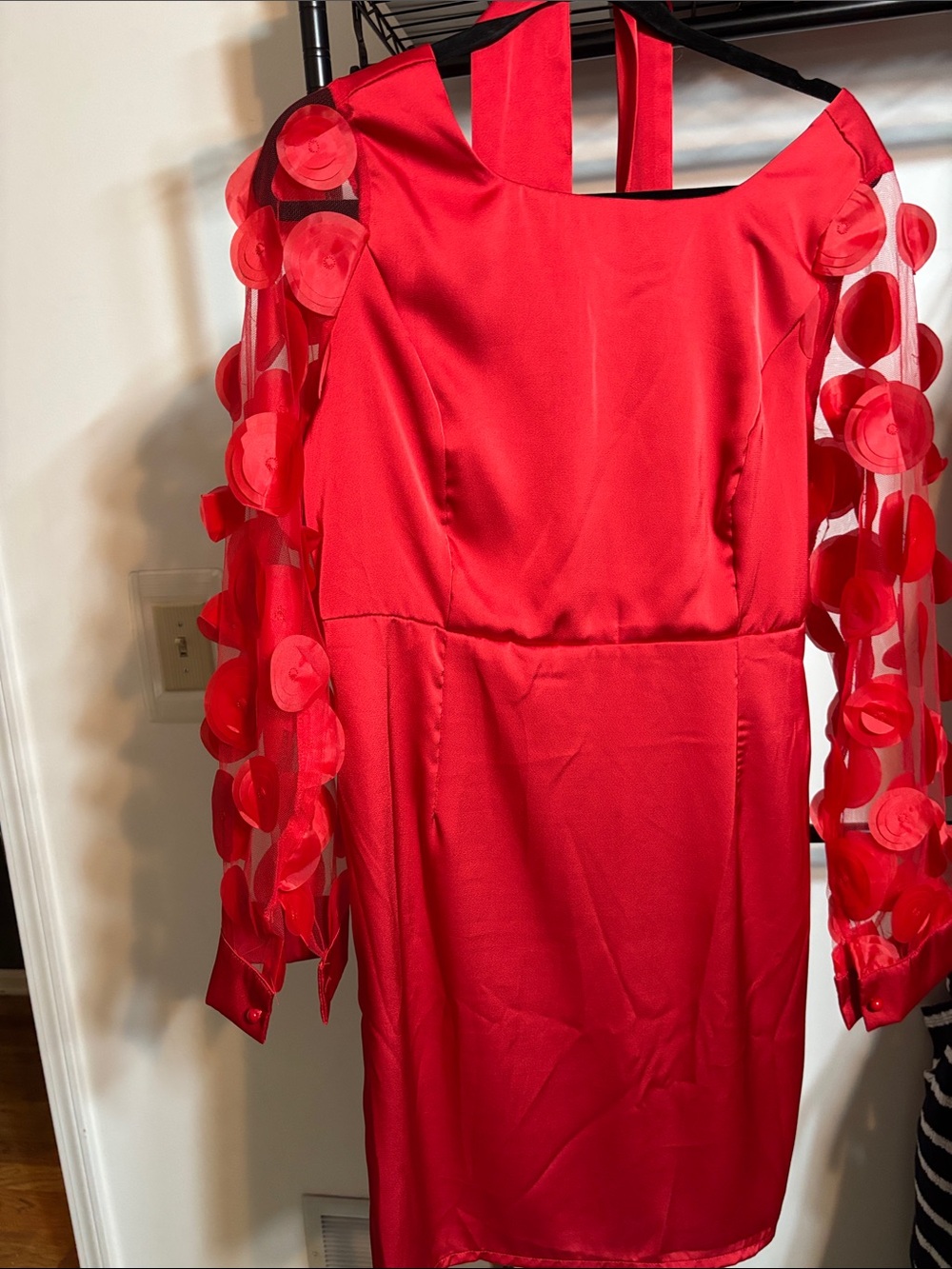 Women's Red Long Sleeve Cocktail Dress with Statement Sleeves